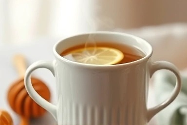 Steaming herbal tea with honey and lemon for soothing relief.